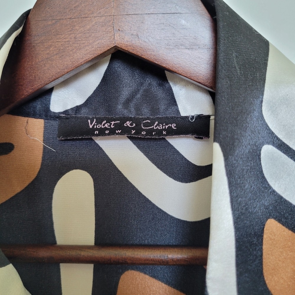 Violet & Claire Brown, Black, White Button Down Collared Silky Shirt Blouse L - Picture 10 of 11